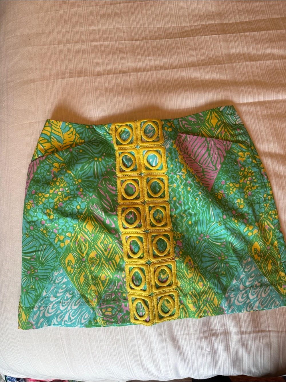 Lilly Pulitzer Green Tropical Mini Skirt with Yellow Trim and Pink Accents